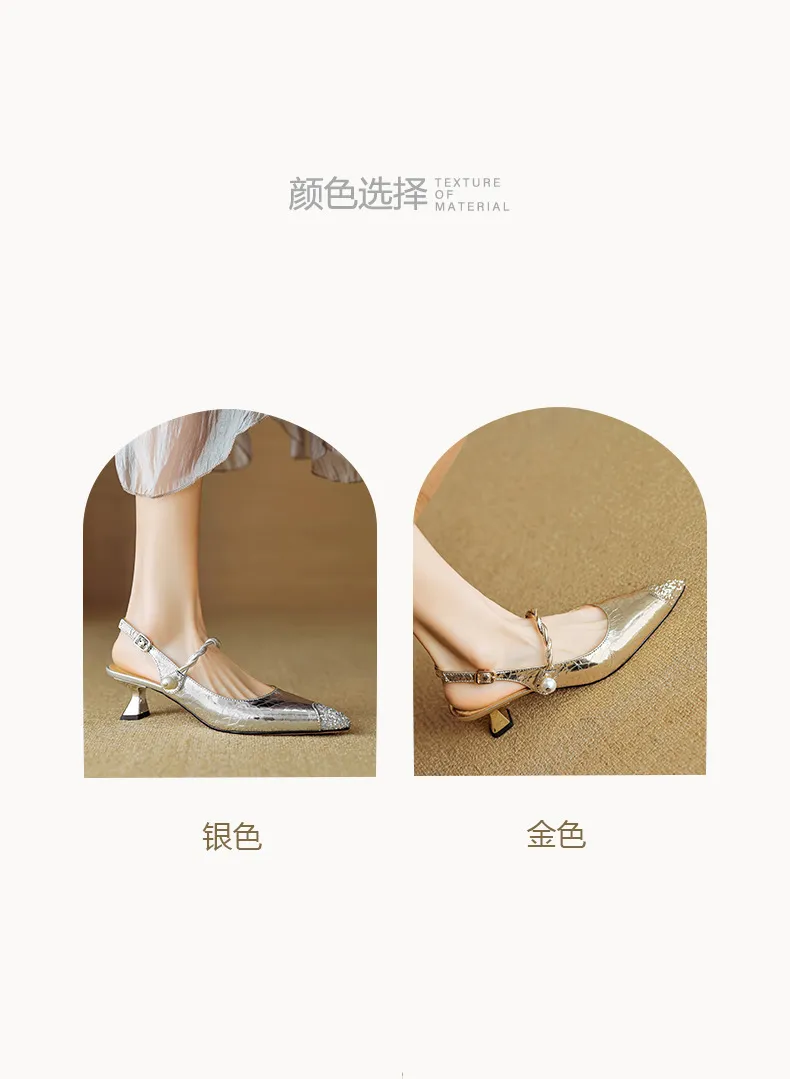 Mary Jane shoes, gold and silver fashion sandals, spring/summer pointed toe, 5cm single strap, pointed toe, kitten heel.