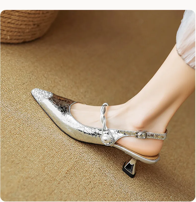 Mary Jane shoes, gold and silver fashion sandals, spring/summer pointed toe, 5cm single strap, pointed toe, kitten heel.