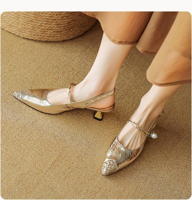 Mary Jane shoes, gold and silver fashion sandals, spring/summer pointed toe, 5cm single strap, pointed toe, kitten heel.