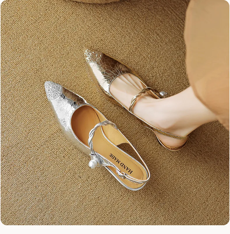 Mary Jane shoes, gold and silver fashion sandals, spring/summer pointed toe, 5cm single strap, pointed toe, kitten heel.