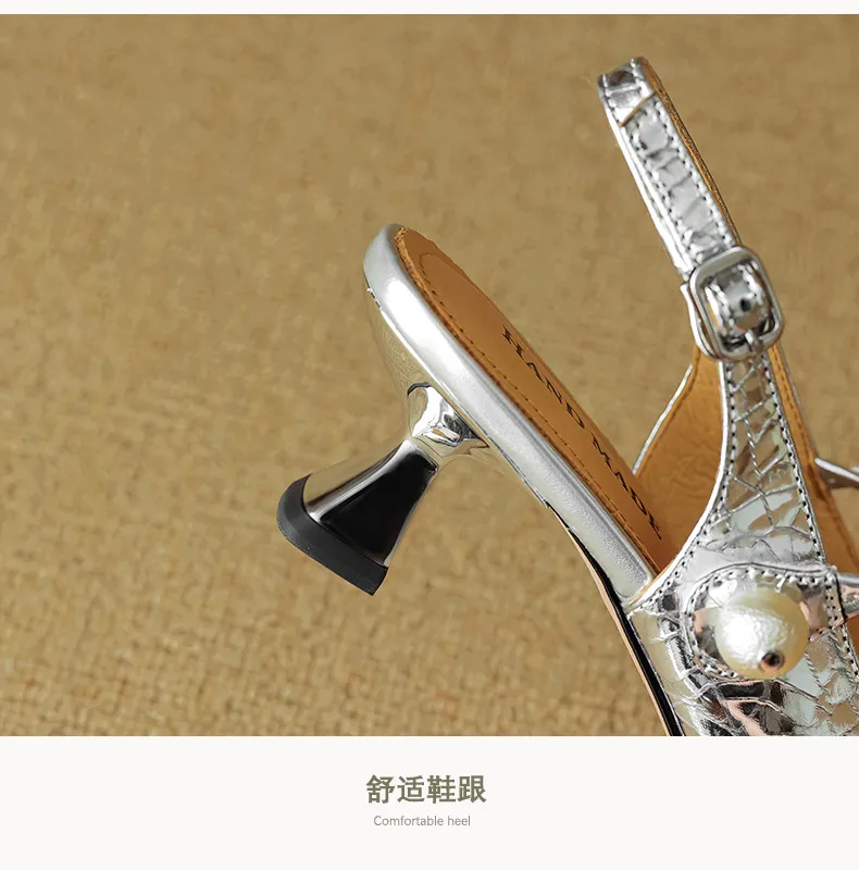 Mary Jane shoes, gold and silver fashion sandals, spring/summer pointed toe, 5cm single strap, pointed toe, kitten heel.