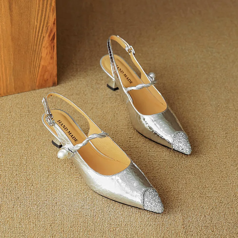Mary Jane shoes, gold and silver fashion sandals, spring/summer pointed toe, 5cm single strap, pointed toe, kitten heel.