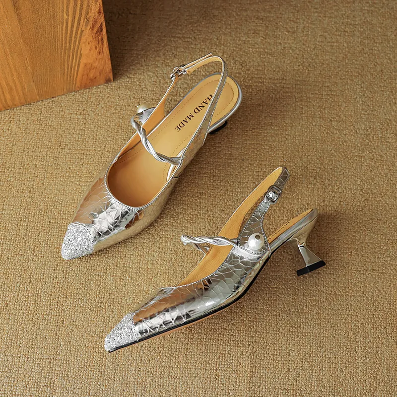 Mary Jane shoes, gold and silver fashion sandals, spring/summer pointed toe, 5cm single strap, pointed toe, kitten heel.