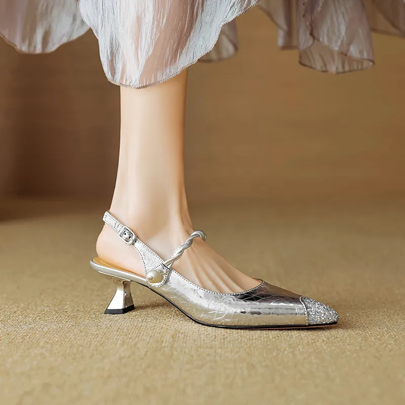 Mary Jane shoes, gold and silver fashion sandals, spring/summer pointed toe, 5cm single strap, pointed toe, kitten heel.