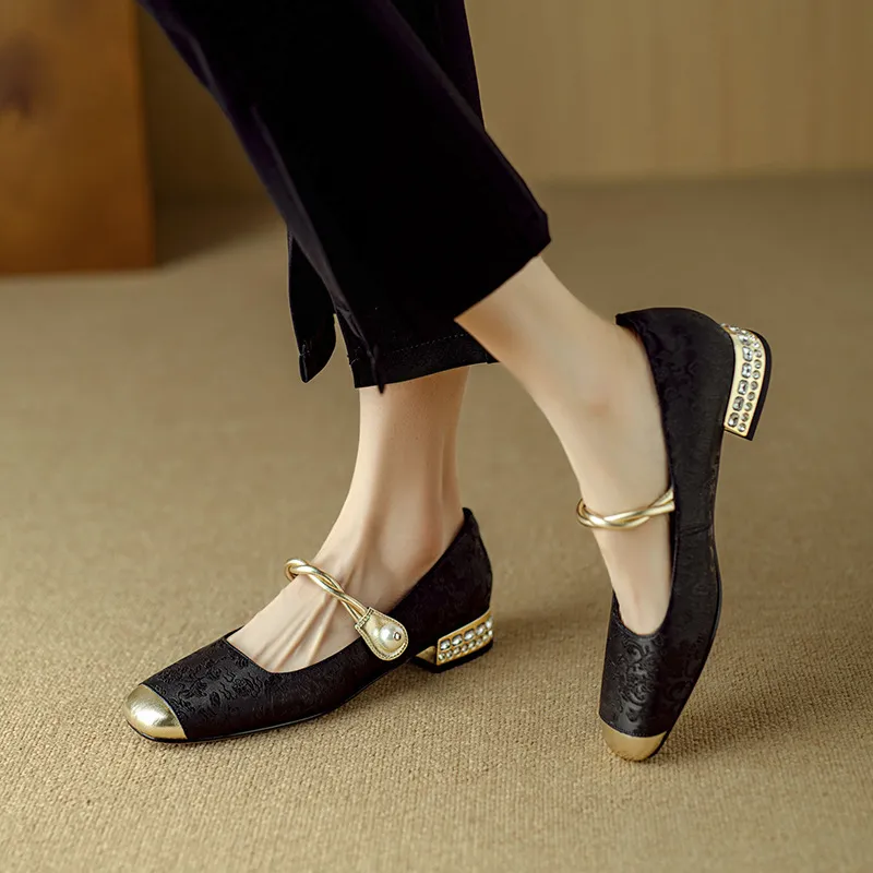 Apricot and green Mary Jane low-cut color-blocked embroidered spring and autumn style Chinese style cheongsam square toe satin women's shoes