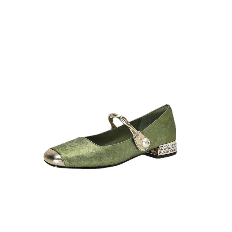Apricot and green Mary Jane low-cut color-blocked embroidered spring and autumn style Chinese style cheongsam square toe satin women's shoes