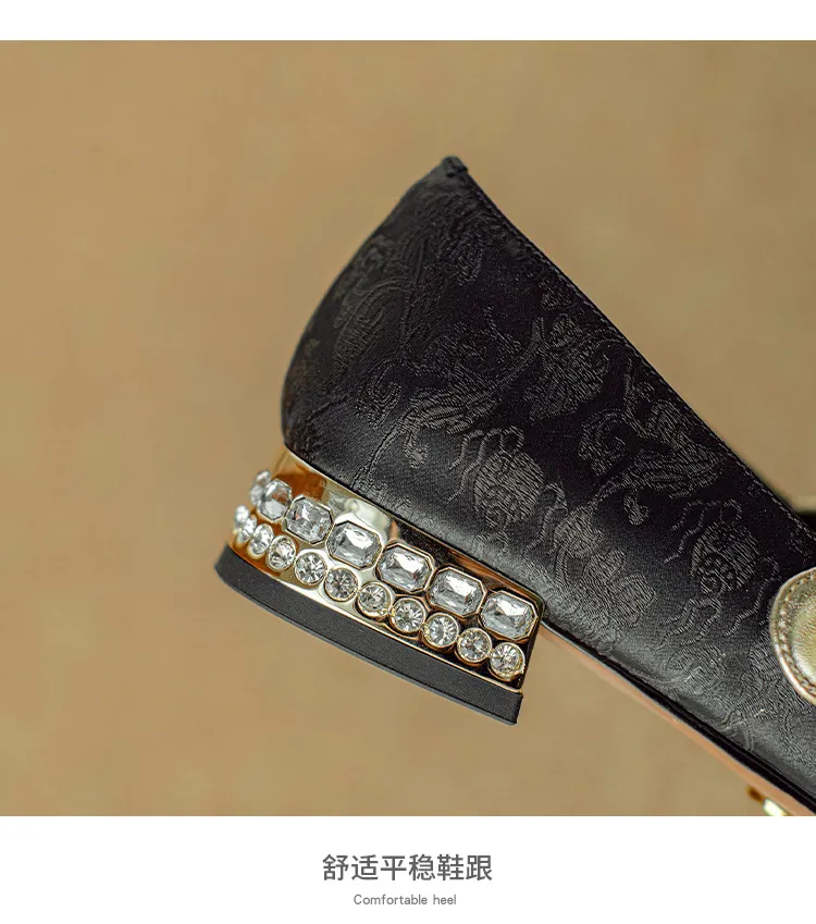 Apricot and green Mary Jane low-cut color-blocked embroidered spring and autumn style Chinese style cheongsam square toe satin women's shoes