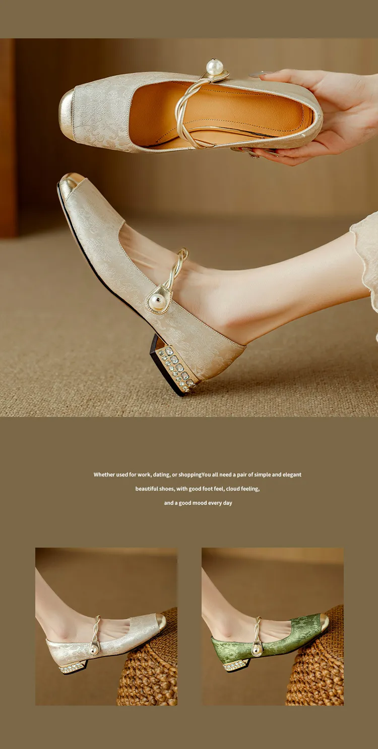 Apricot and green Mary Jane low-cut color-blocked embroidered spring and autumn style Chinese style cheongsam square toe satin women's shoes