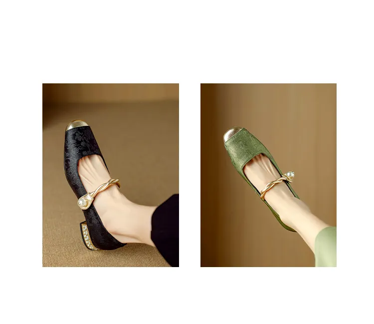 Apricot and green Mary Jane low-cut color-blocked embroidered spring and autumn style Chinese style cheongsam square toe satin women's shoes