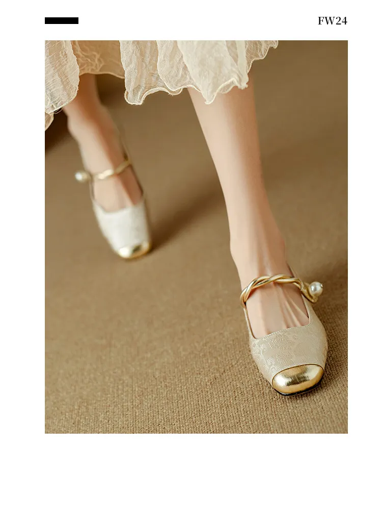Apricot and green Mary Jane low-cut color-blocked embroidered spring and autumn style Chinese style cheongsam square toe satin women's shoes