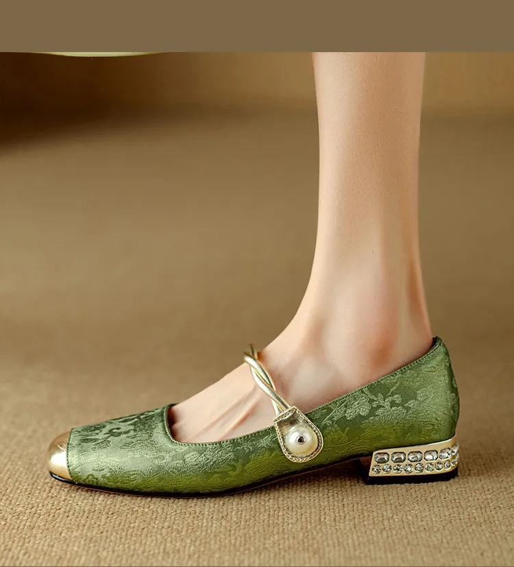 Apricot and green Mary Jane low-cut color-blocked embroidered spring and autumn style Chinese style cheongsam square toe satin women's shoes