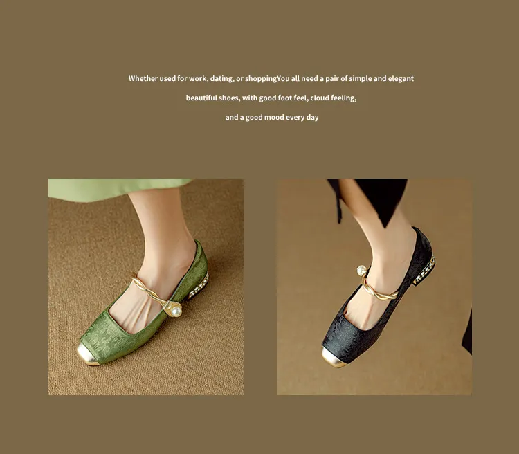 Apricot and green Mary Jane low-cut color-blocked embroidered spring and autumn style Chinese style cheongsam square toe satin women's shoes