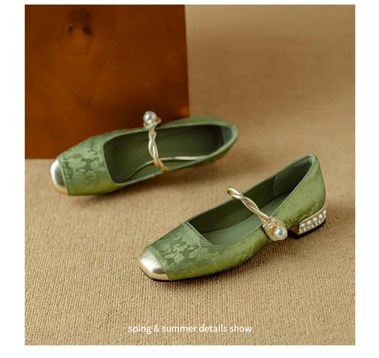 Apricot and green Mary Jane low-cut color-blocked embroidered spring and autumn style Chinese style cheongsam square toe satin women's shoes