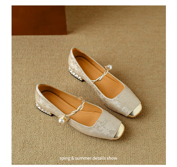 Apricot and green Mary Jane low-cut color-blocked embroidered spring and autumn style Chinese style cheongsam square toe satin women's shoes
