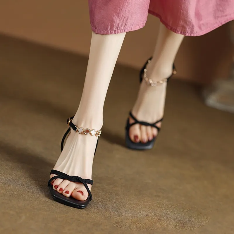 Women's fashionable stiletto heeled square toe French retro strappy sandals for summer