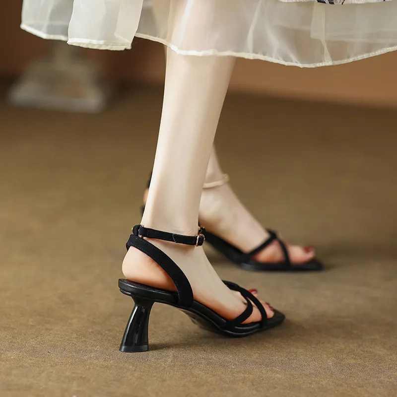 Women's fashionable stiletto heeled square toe French retro strappy sandals for summer