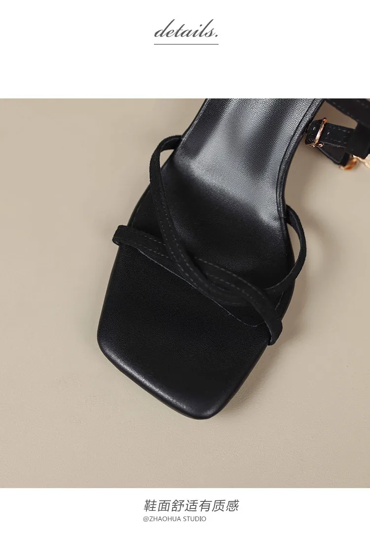 Women's fashionable stiletto heeled square toe French retro strappy sandals for summer