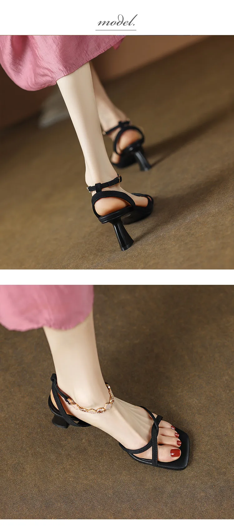 Women's fashionable stiletto heeled square toe French retro strappy sandals for summer