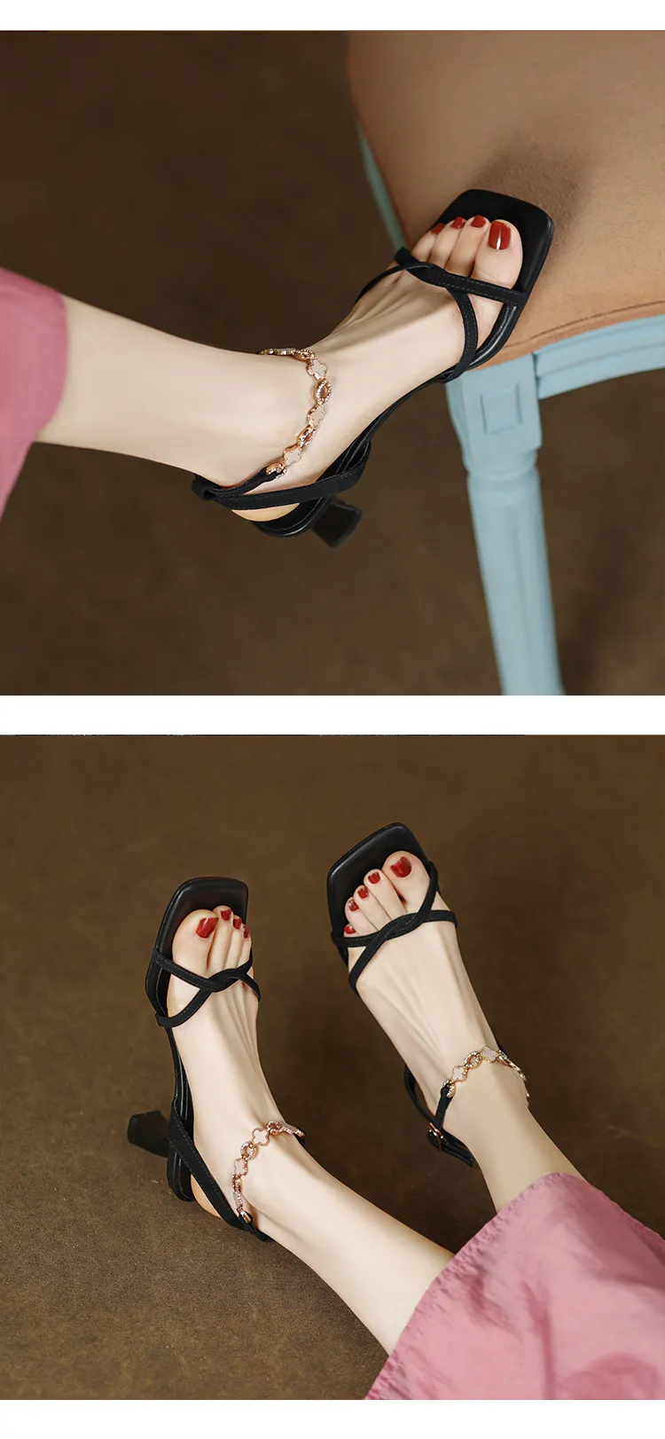Women's fashionable stiletto heeled square toe French retro strappy sandals for summer
