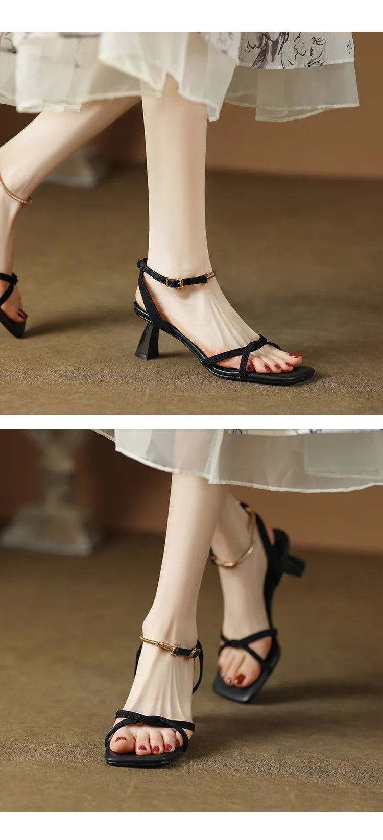 Women's fashionable stiletto heeled square toe French retro strappy sandals for summer