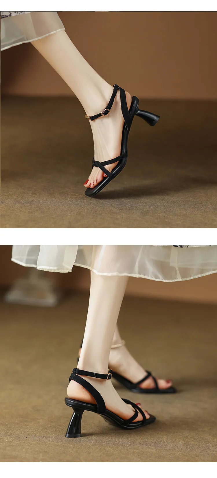 Women's fashionable stiletto heeled square toe French retro strappy sandals for summer