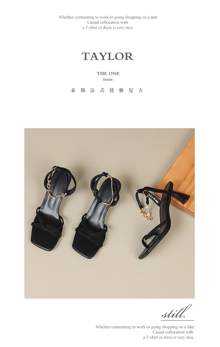 Women's fashionable stiletto heeled square toe French retro strappy sandals for summer