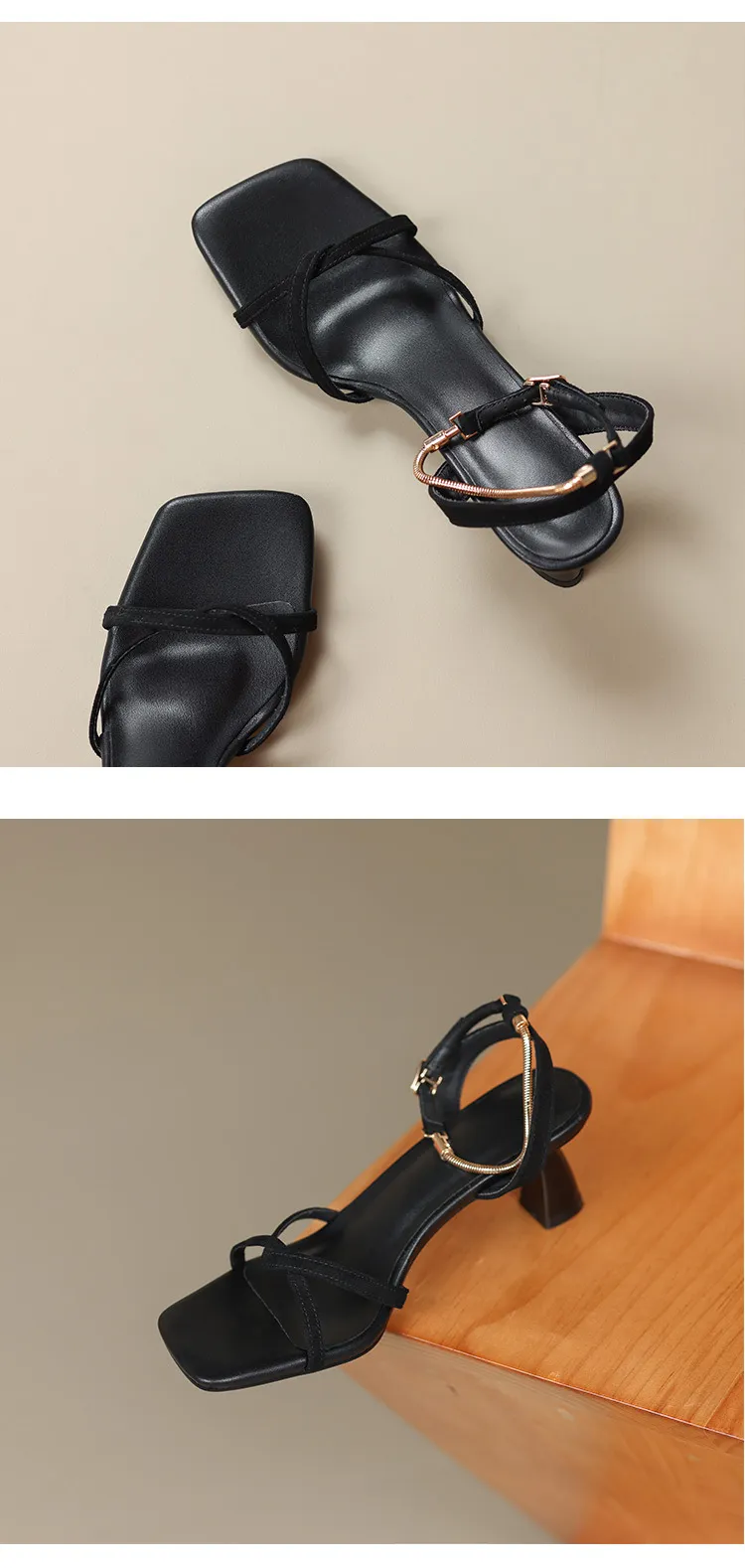 Women's fashionable stiletto heeled square toe French retro strappy sandals for summer