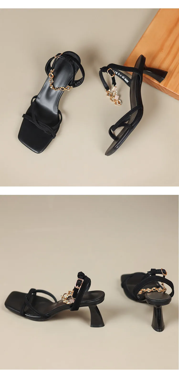 Women's fashionable stiletto heeled square toe French retro strappy sandals for summer