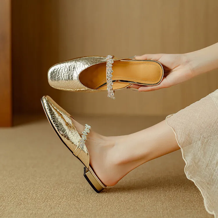 Summer women's slip-on sandals with rhinestones, silver flat leather sole, size 4-24u.