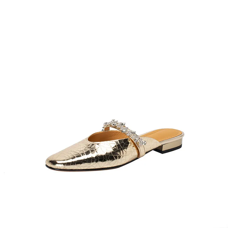 Summer women's slip-on sandals with rhinestones, silver flat leather sole, size 4-24u.
