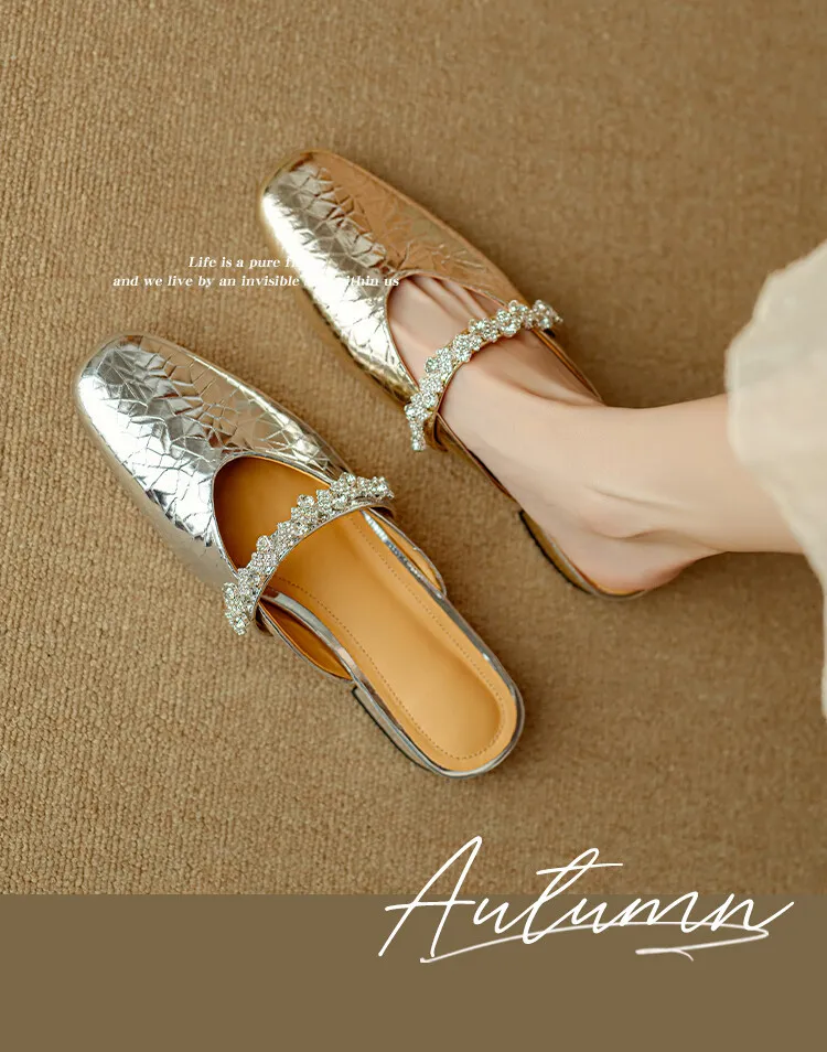 Summer women's slip-on sandals with rhinestones, silver flat leather sole, size 4-24u.