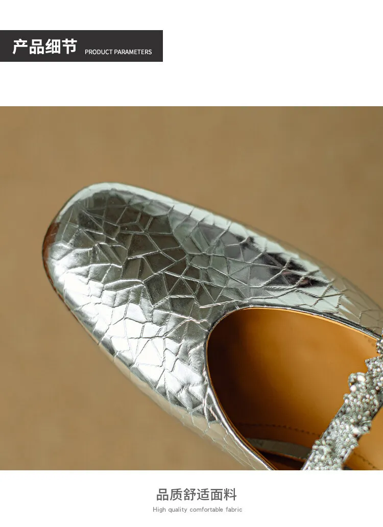 Summer women's slip-on sandals with rhinestones, silver flat leather sole, size 4-24u.