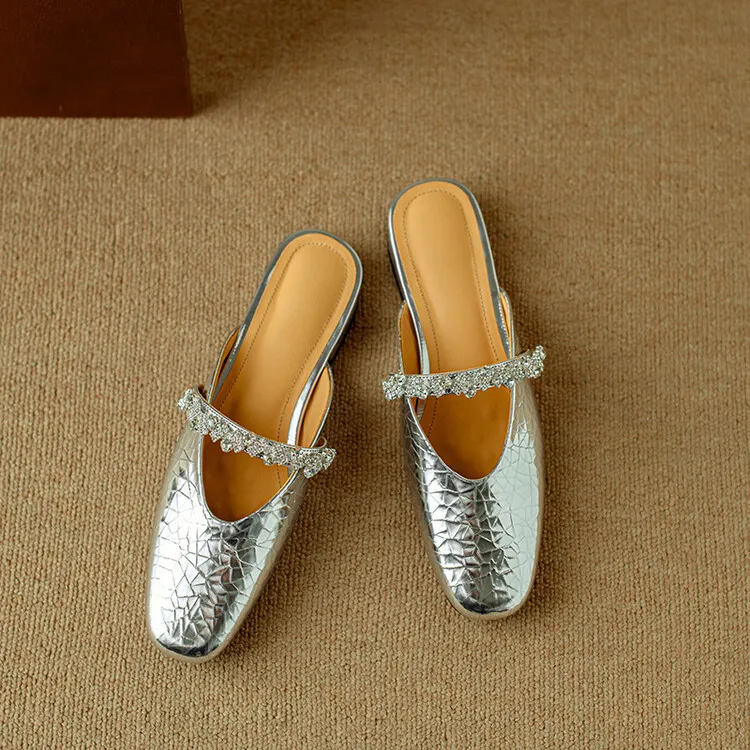 Summer women's slip-on sandals with rhinestones, silver flat leather sole, size 4-24u.