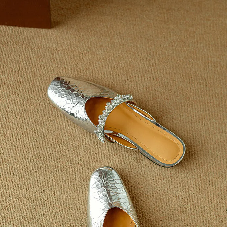 Summer women's slip-on sandals with rhinestones, silver flat leather sole, size 4-24u.