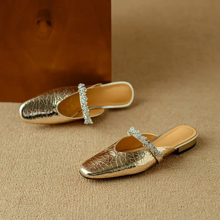 Summer women's slip-on sandals with rhinestones, silver flat leather sole, size 4-24u.