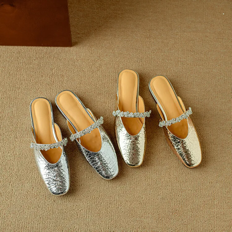 Summer women's slip-on sandals with rhinestones, silver flat leather sole, size 4-24u.