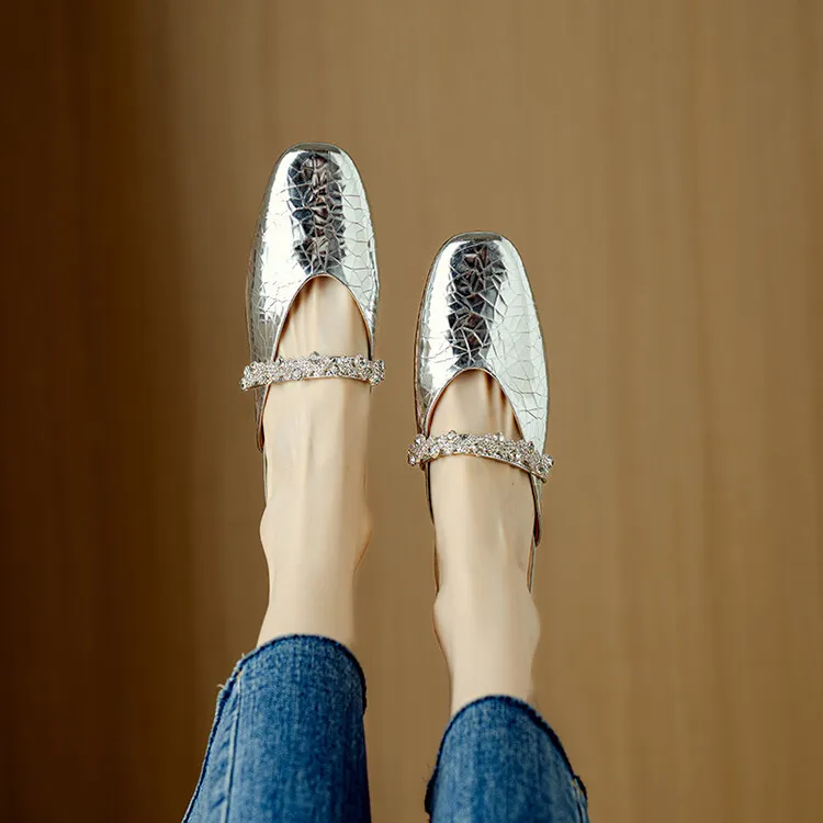 Summer women's slip-on sandals with rhinestones, silver flat leather sole, size 4-24u.