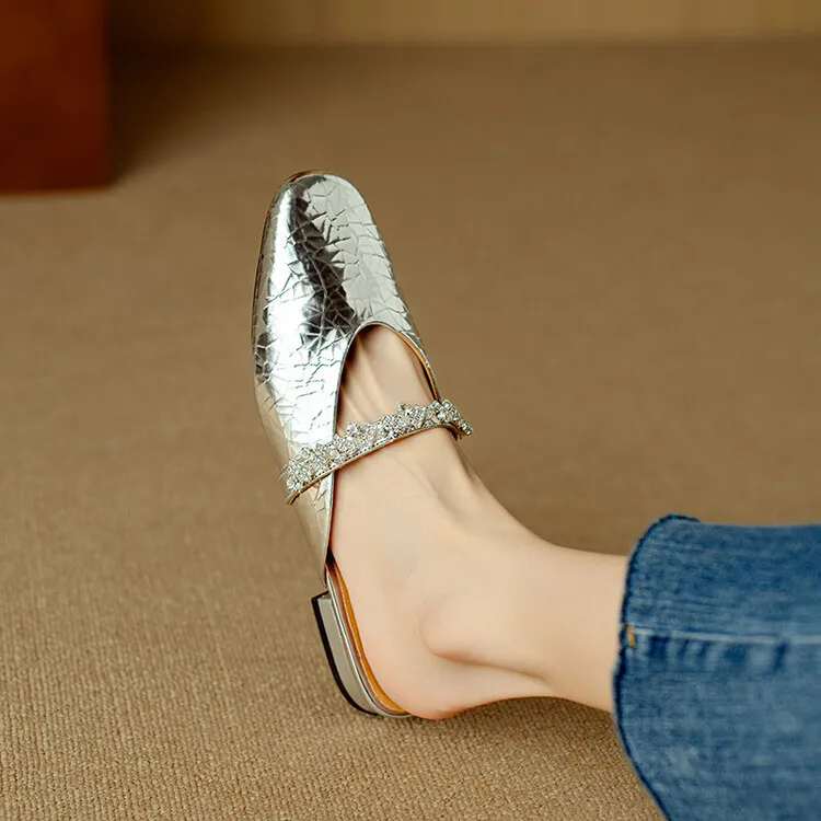 Summer women's slip-on sandals with rhinestones, silver flat leather sole, size 4-24u.
