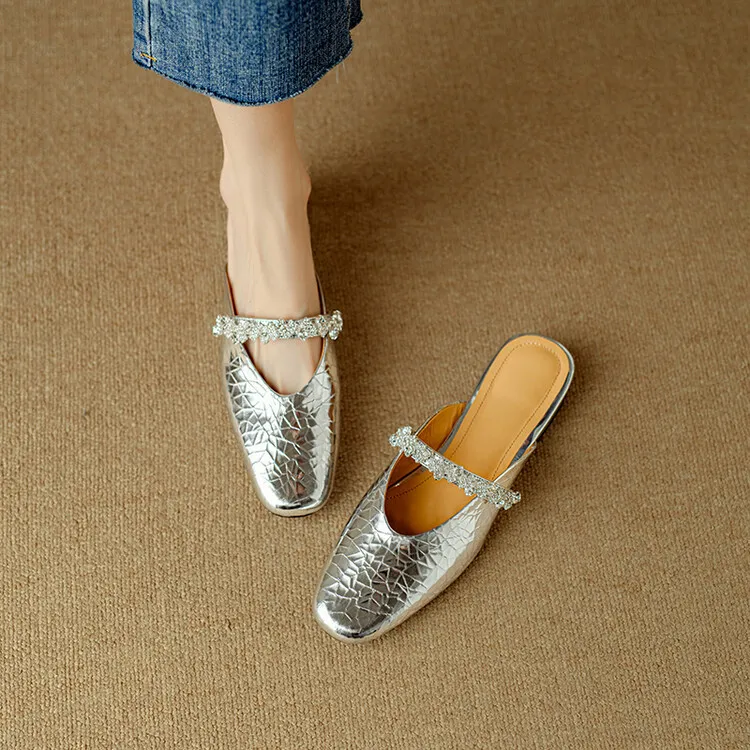 Summer women's slip-on sandals with rhinestones, silver flat leather sole, size 4-24u.