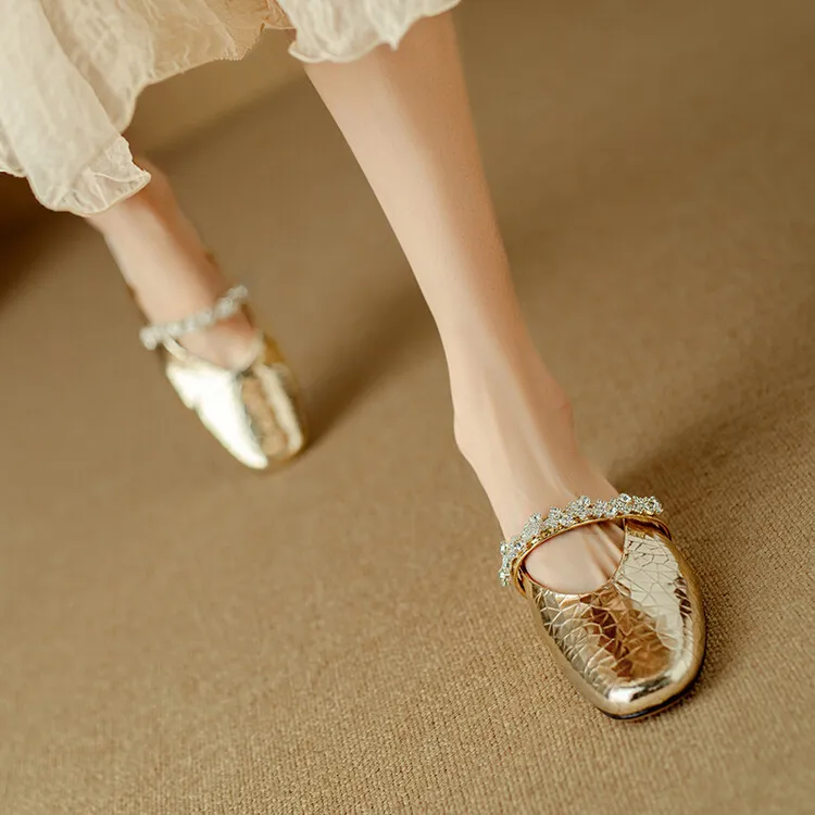Summer women's slip-on sandals with rhinestones, silver flat leather sole, size 4-24u.