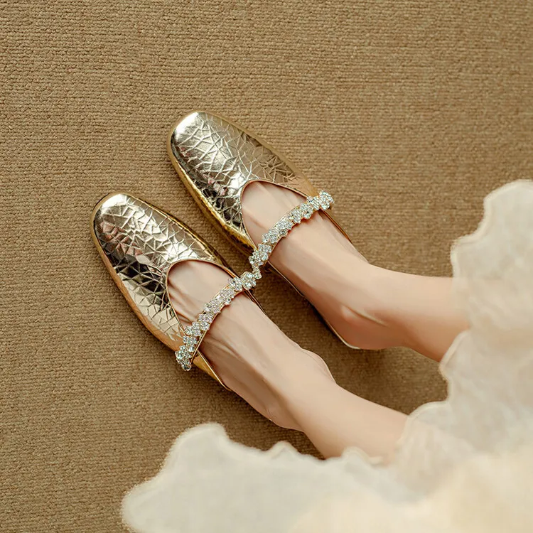 Summer women's slip-on sandals with rhinestones, silver flat leather sole, size 4-24u.