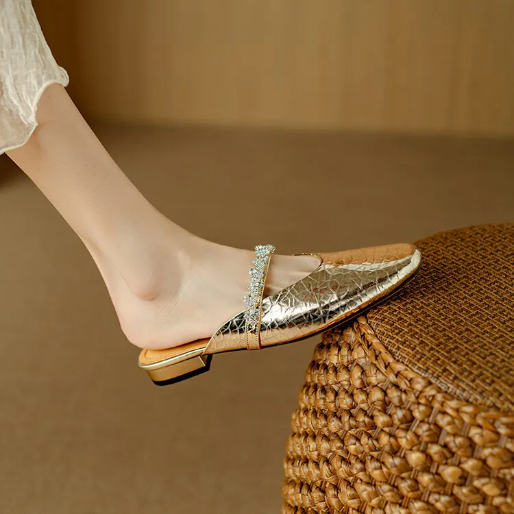 Summer women's slip-on sandals with rhinestones, silver flat leather sole, size 4-24u.
