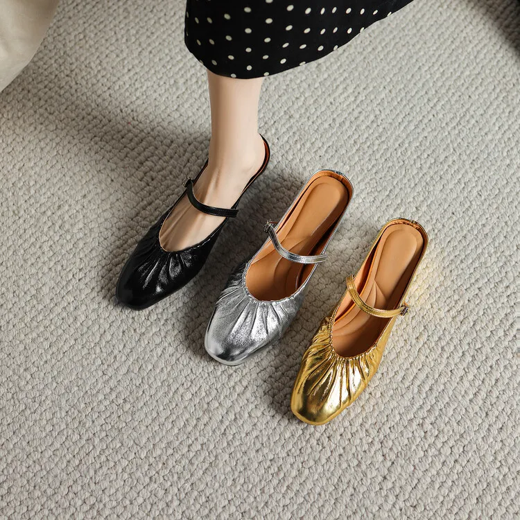 Wedge heel closed toe cowhide half mules, French style pleated soft sole flat mules, gold and silver women's 4-24s