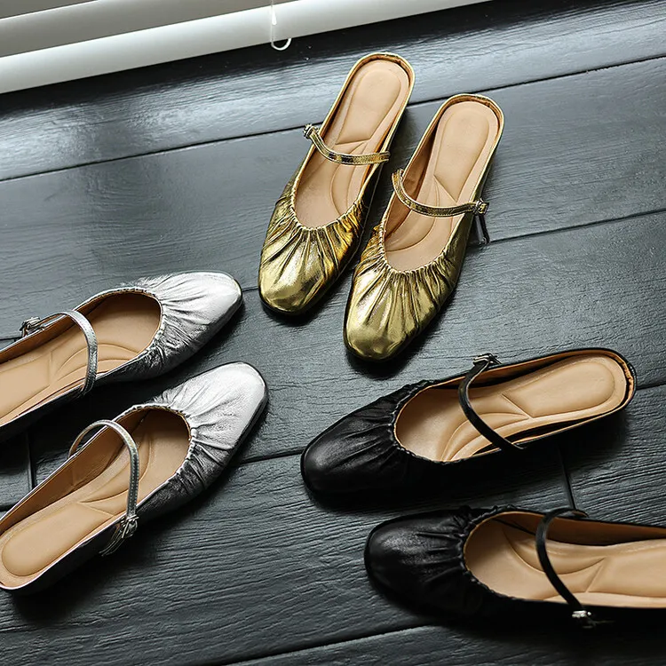 Wedge heel closed toe cowhide half mules, French style pleated soft sole flat mules, gold and silver women's 4-24s