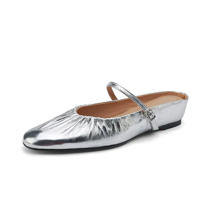 Wedge heel closed toe cowhide half mules, French style pleated soft sole flat mules, gold and silver women's 4-24s