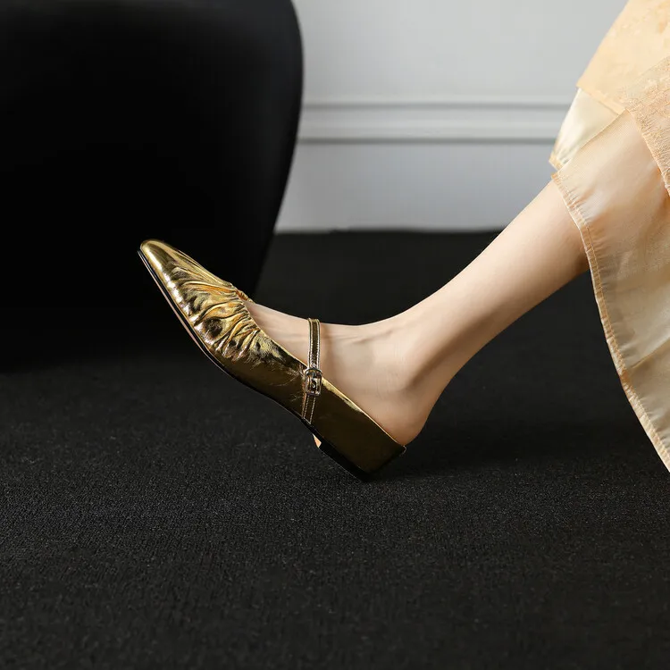Wedge heel closed toe cowhide half mules, French style pleated soft sole flat mules, gold and silver women's 4-24s