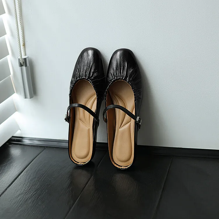 Wedge heel closed toe cowhide half mules, French style pleated soft sole flat mules, gold and silver women's 4-24s