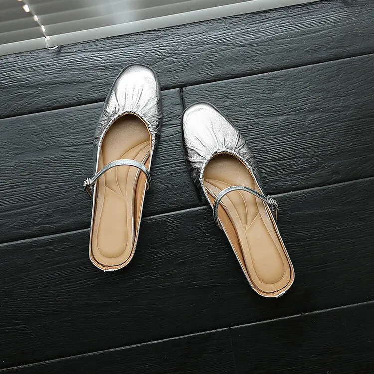 Wedge heel closed toe cowhide half mules, French style pleated soft sole flat mules, gold and silver women's 4-24s