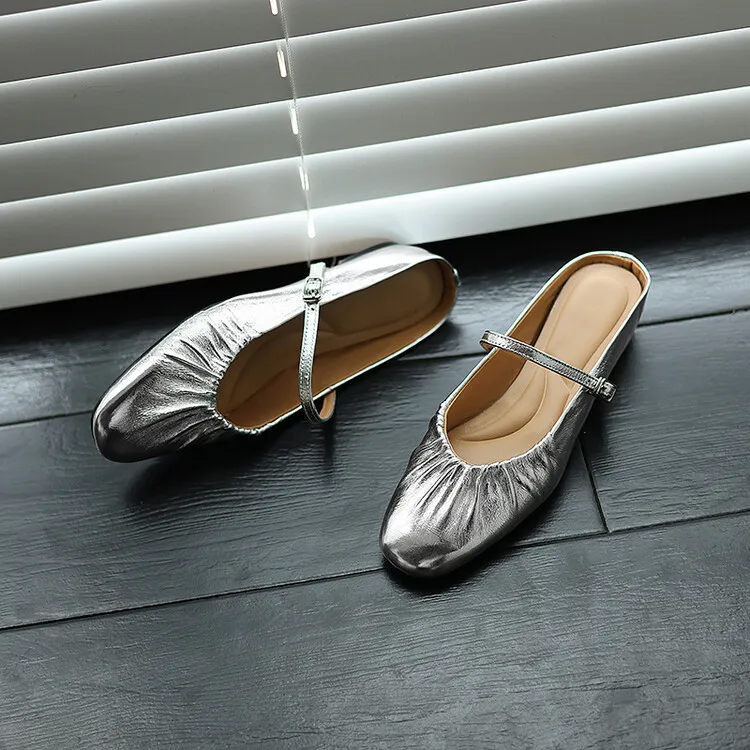 Wedge heel closed toe cowhide half mules, French style pleated soft sole flat mules, gold and silver women's 4-24s