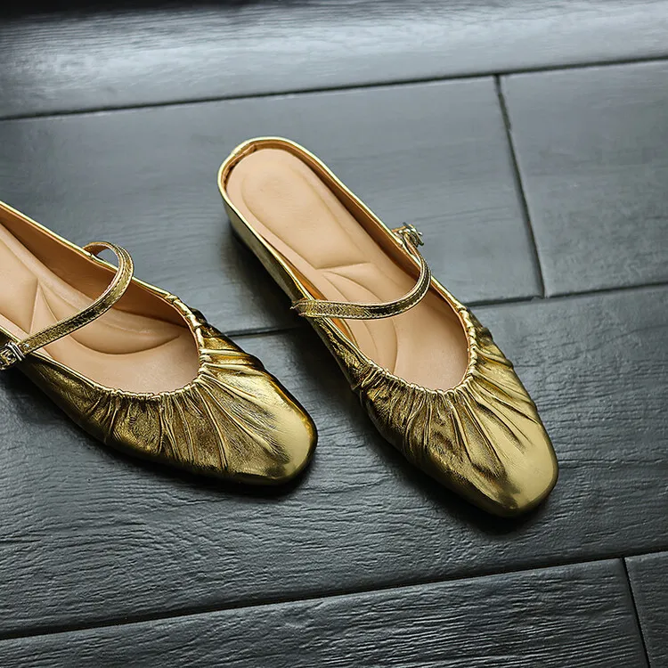 Wedge heel closed toe cowhide half mules, French style pleated soft sole flat mules, gold and silver women's 4-24s
